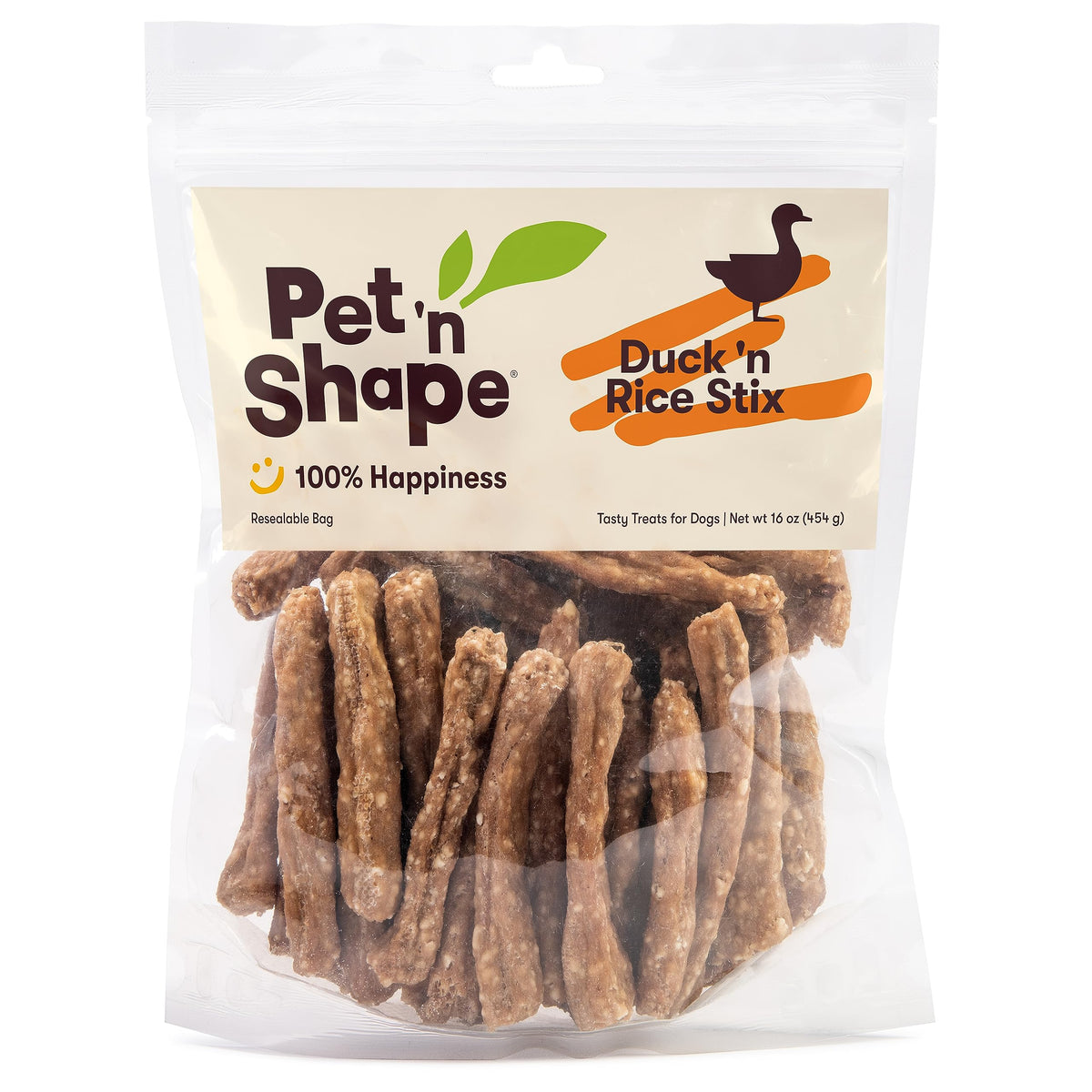 Pet 'n Shape Duck 'n Rice Stix packaging reseal preserves freshness for rewards.