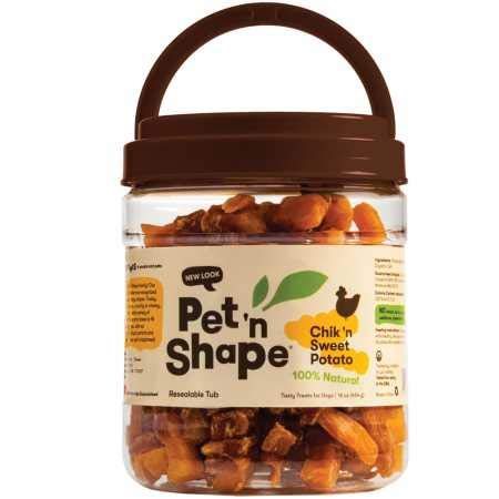 Pet 'n Shape grain-free ingredients label emphasizing no wheat, corn, or soy.