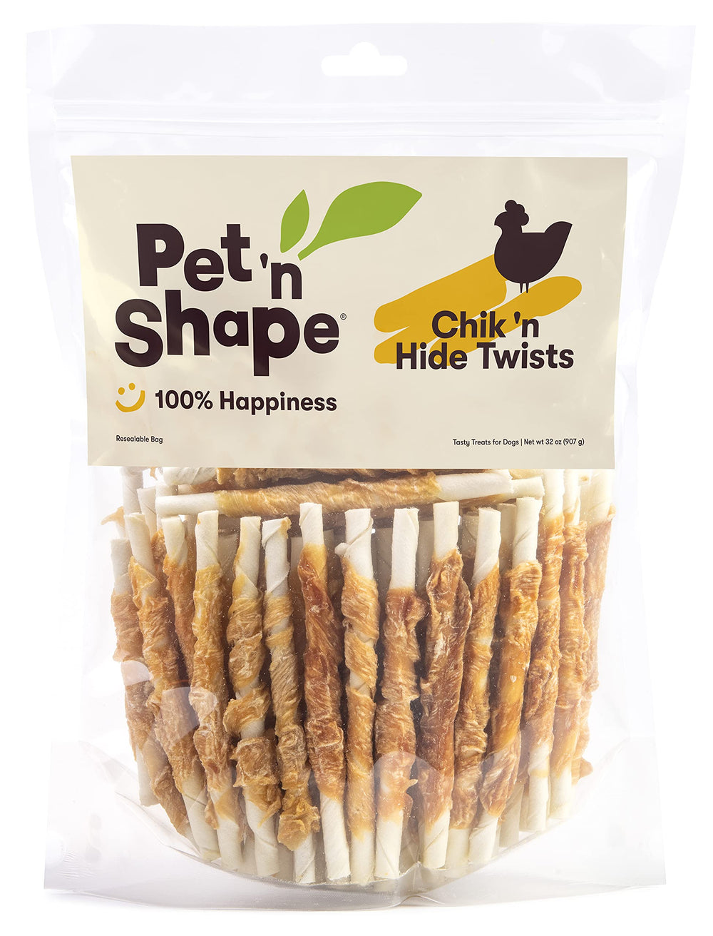 Pet 'n Shape Hide Twists front packaging: chicken-wrapped rawhide bite for dogs