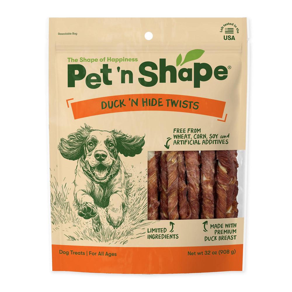 Pet 'n Shape Hide Twists duck-wrapped rawhide close-up, protein-forward chew.
