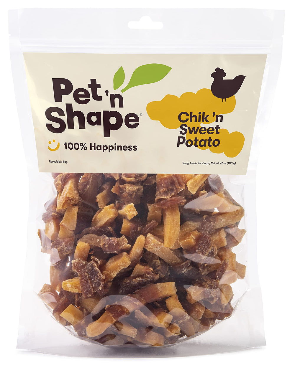 Pet 'n Shape natural ingredients list visible on pouch communicates simple recipes.