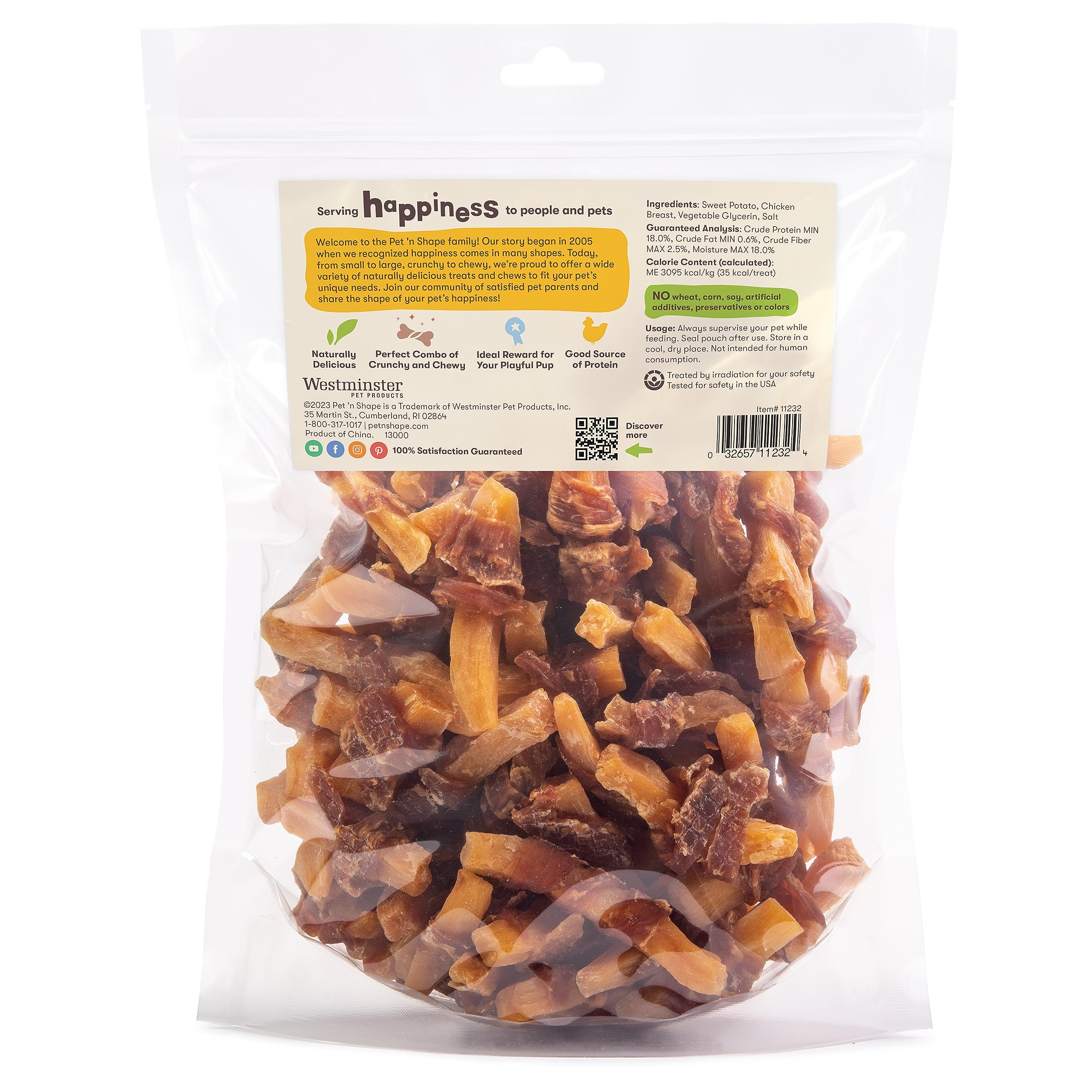 Pet 'n Shape natural chik 'n sweet potato treats closeup highlights wholesome ingredients.