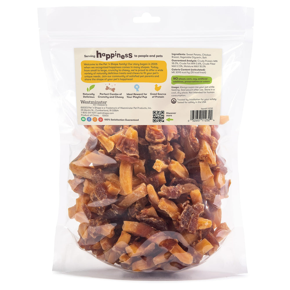 Pet 'n Shape natural chik 'n sweet potato treats closeup highlights wholesome ingredients.