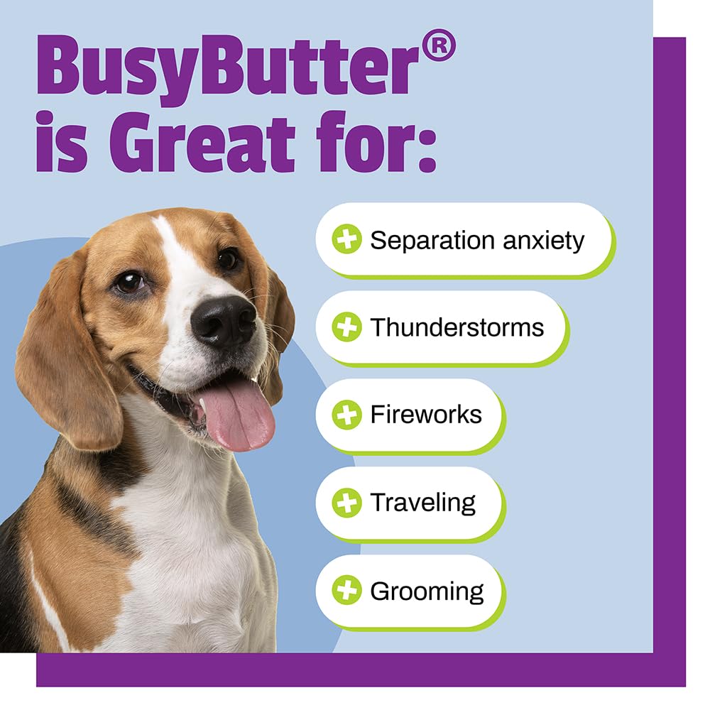 Pet Naturals BusyButter grooming-time scene signals stress relief.