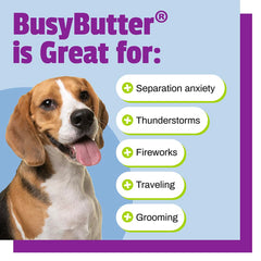 Pet Naturals BusyButter grooming-time scene signals stress relief.