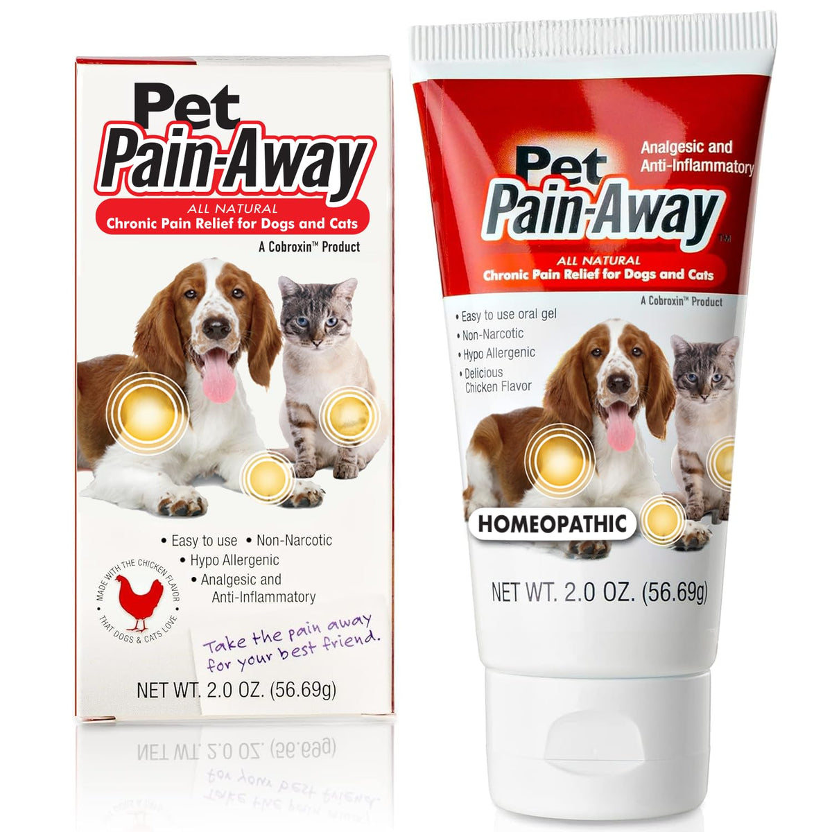 Pet Pain Away bottle front showing natural, non-habit forming pain relief for pets.