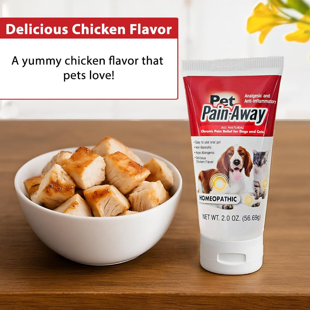 Pet Pain-Away chicken flavor bottle for easy administration.