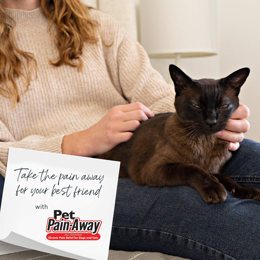 Pet Pain Away bottle label highlights hypoallergenic, non-habit forming formula.