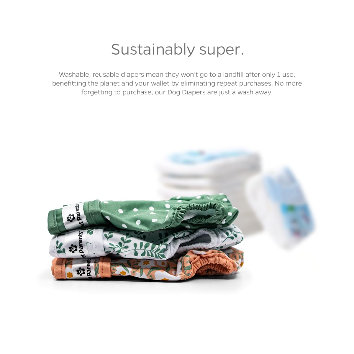 Pet Parents diapers support male and female dogs with adjustable fit.