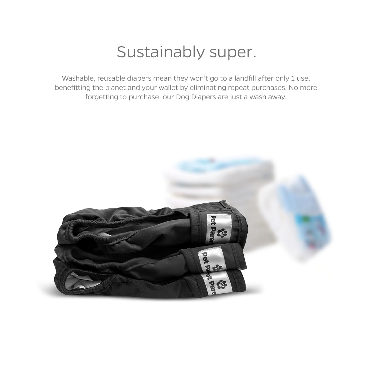 Pet Parents Male and Female diapers showing flexible fit for different dog shapes.