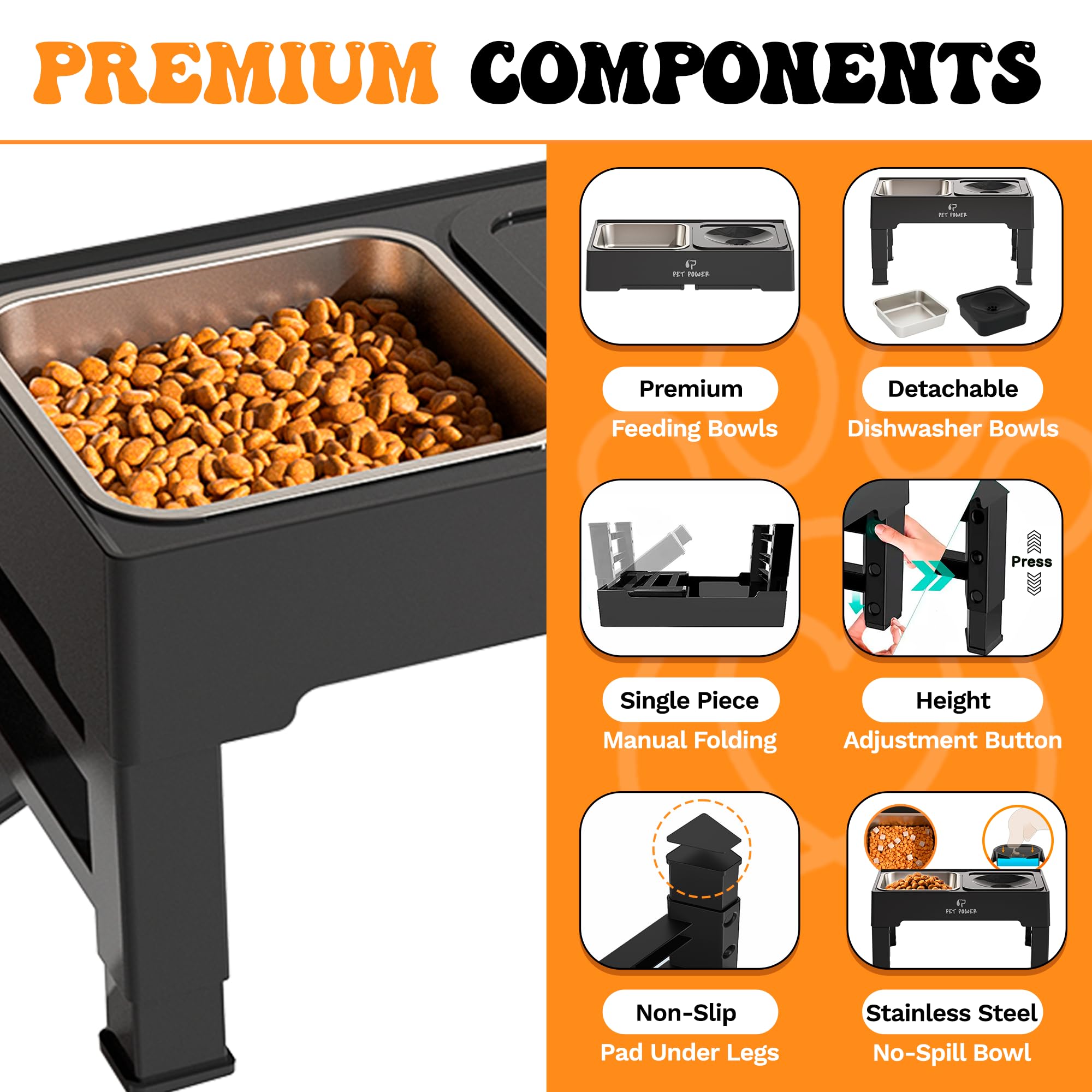 PET POWER dining-height versatility supports use at home or on the go for dogs and cats