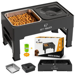 PET POWER elevated dog bowls front view showing adjustable height for better feeding posture