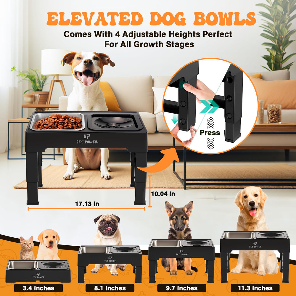 PET POWER elevated feeder height options demonstrated for growing dogs