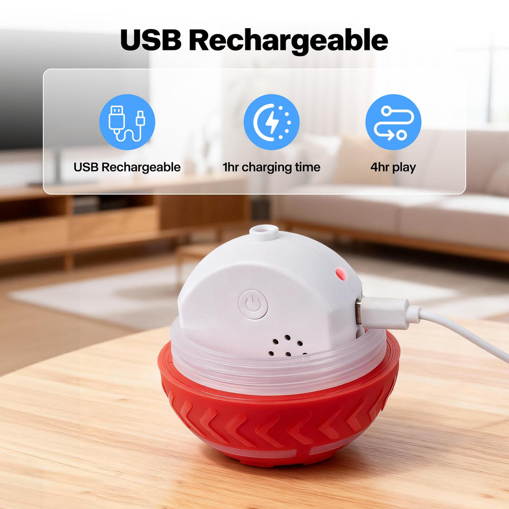 Pet Prime ball charging to showcase rechargeable battery for long play sessions.