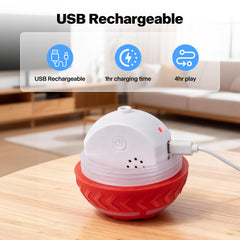 Pet Prime ball charging to showcase rechargeable battery for long play sessions.