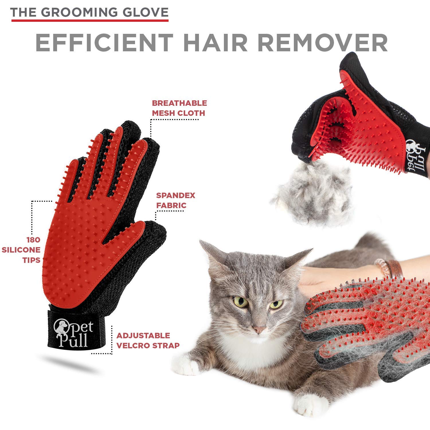 PET PULL five-finger gloves provide soothing pet massage during grooming