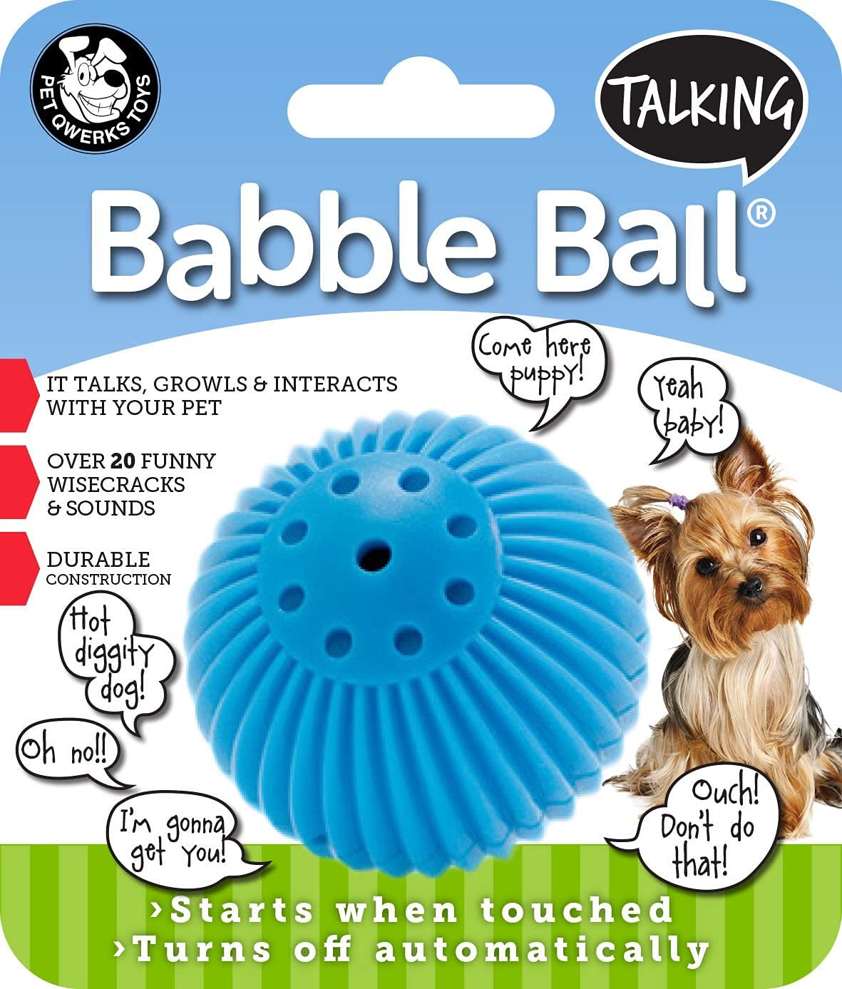 Pet Qwerks Talking Babble Ball small in action, encouraging interactive play with sounds.