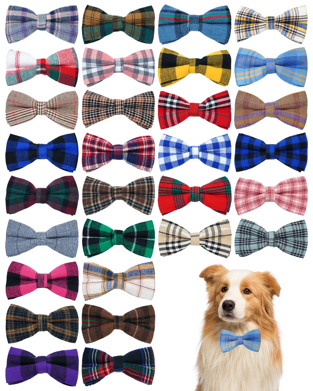 PET SHOW 30Pcs plaid large dog bowties on a collar for stylish daily looks