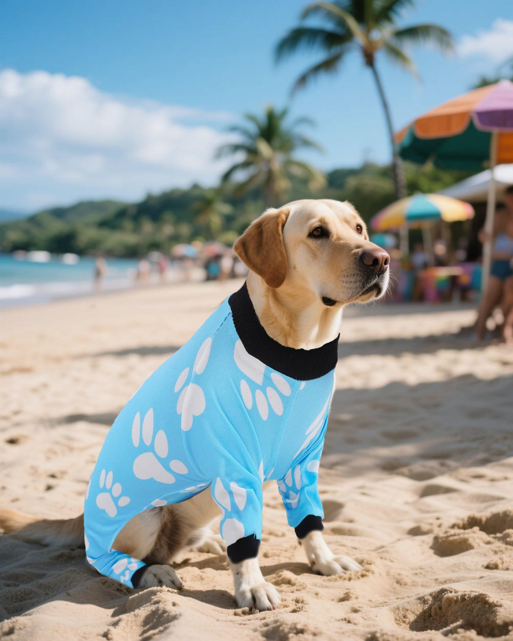 PET SHOW blue side view emphasizes stretchy cuffs and easy wear.