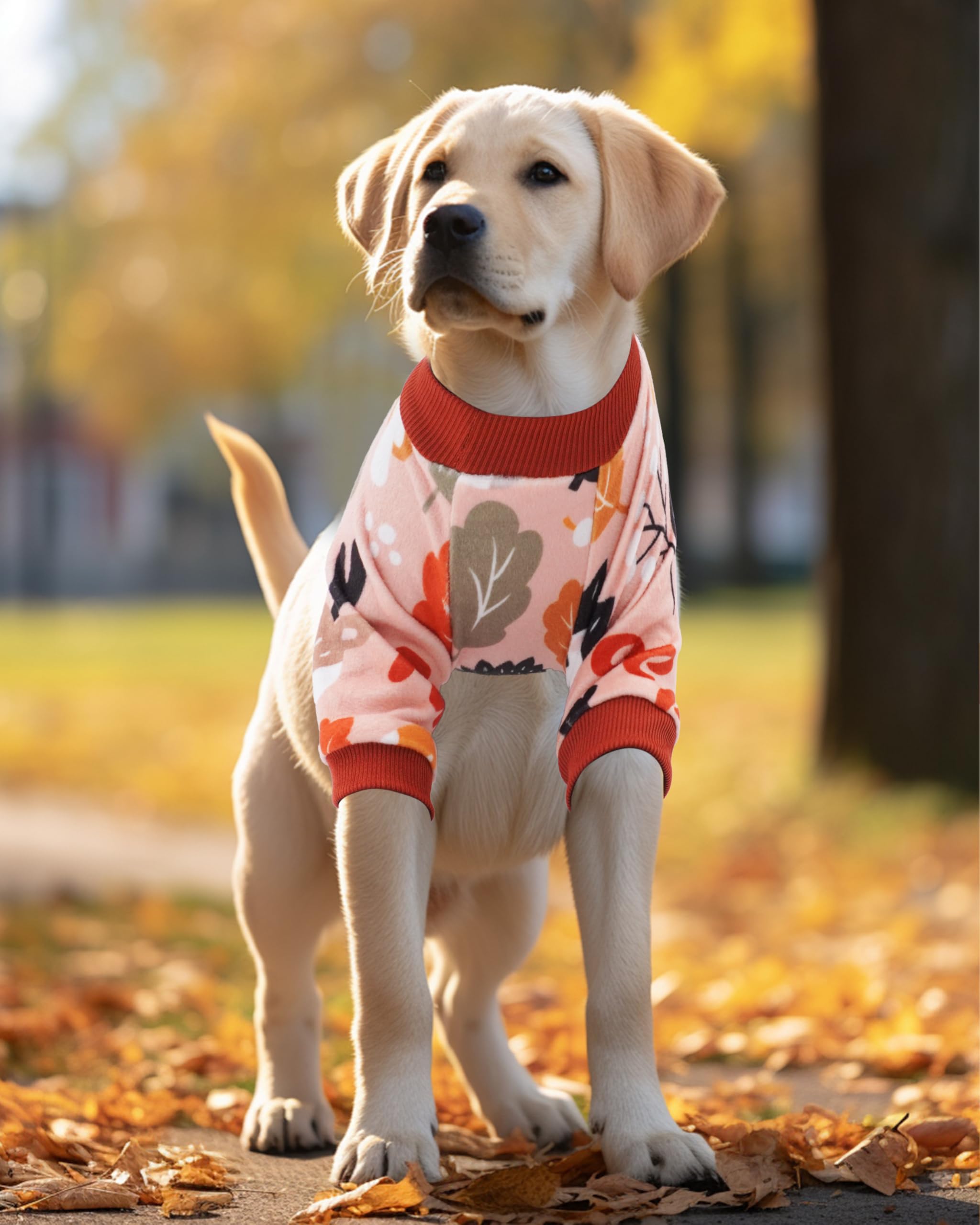 PET SHOW brown-pajamas-on-dog conveys cozy fall vibe with stretchable comfort.