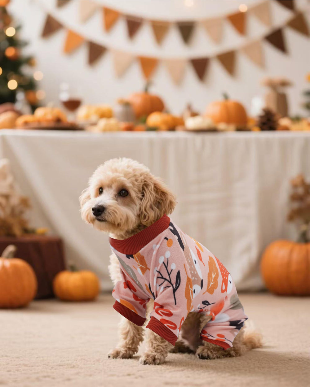 PET SHOW salmon-pajamas-on-dog ready for all-season cuddles and easy dressing.