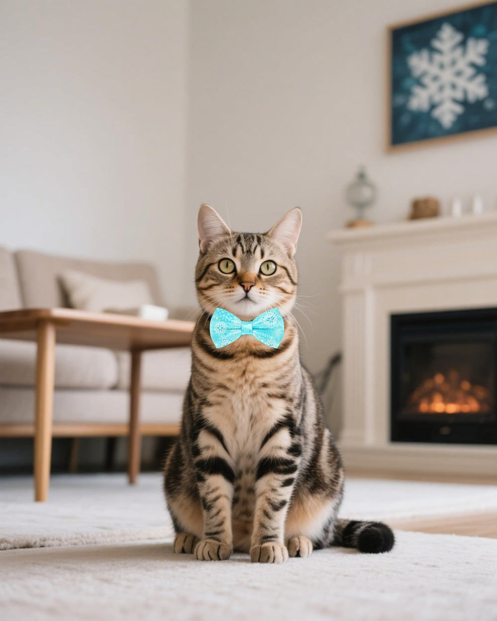 PET SHOW blue-green bow tie on small pet collar pairs with outfits.