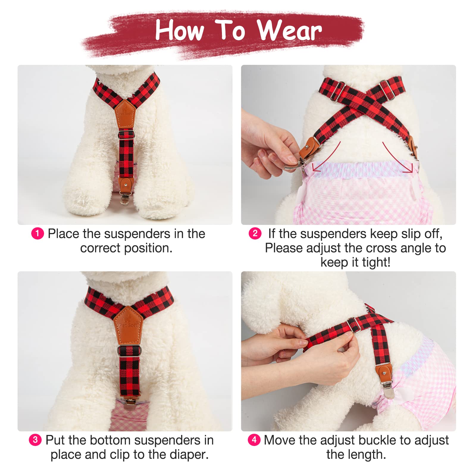 Pet Soft adjustable buckle fits multiple dog sizes for diaper protection.