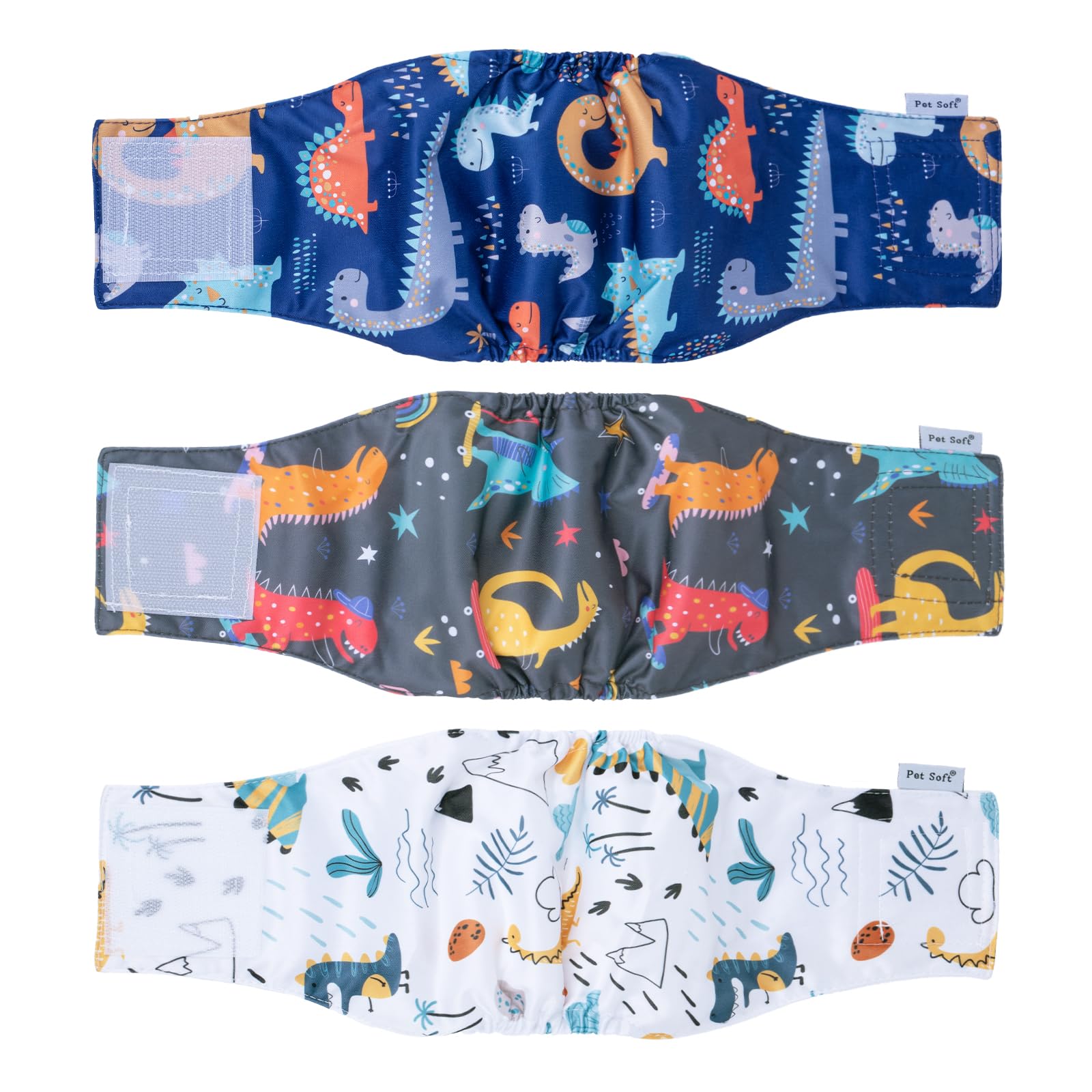 Pet Soft Dino XXL belly band pack for reusable male dog diapers in homes with multiple pets.
