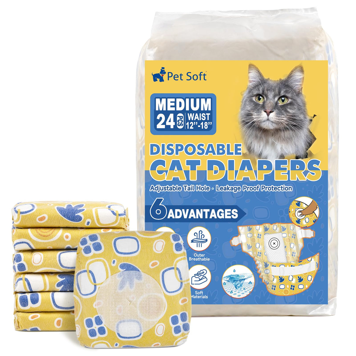 Pet Soft disposable cat diapers pack front, yellow design, leak protection