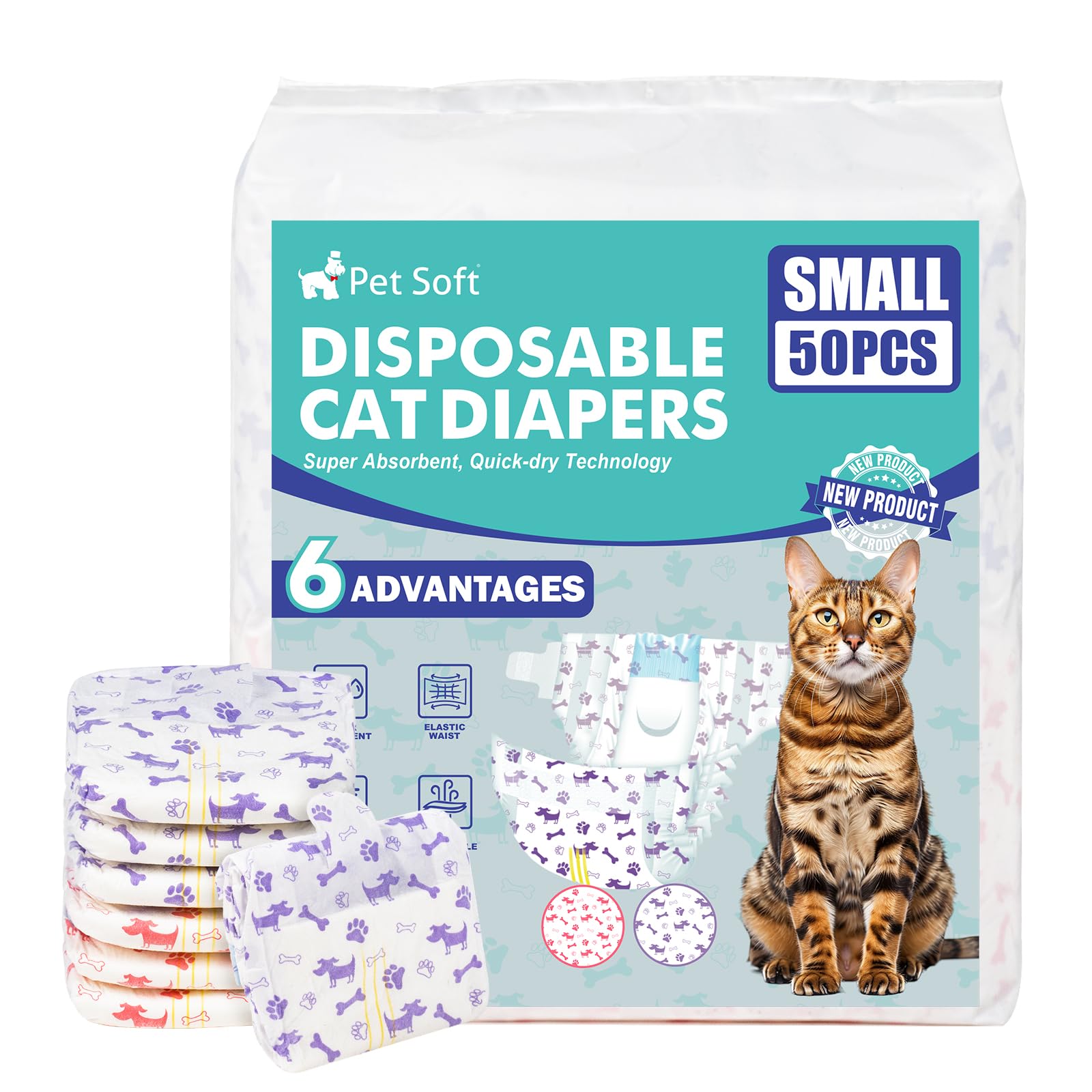 Pet Soft disposable cat diapers with wetness indicator for easy monitoring.