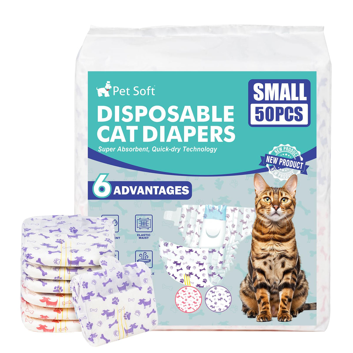 Pet Soft disposable cat diapers with wetness indicator for easy monitoring.
