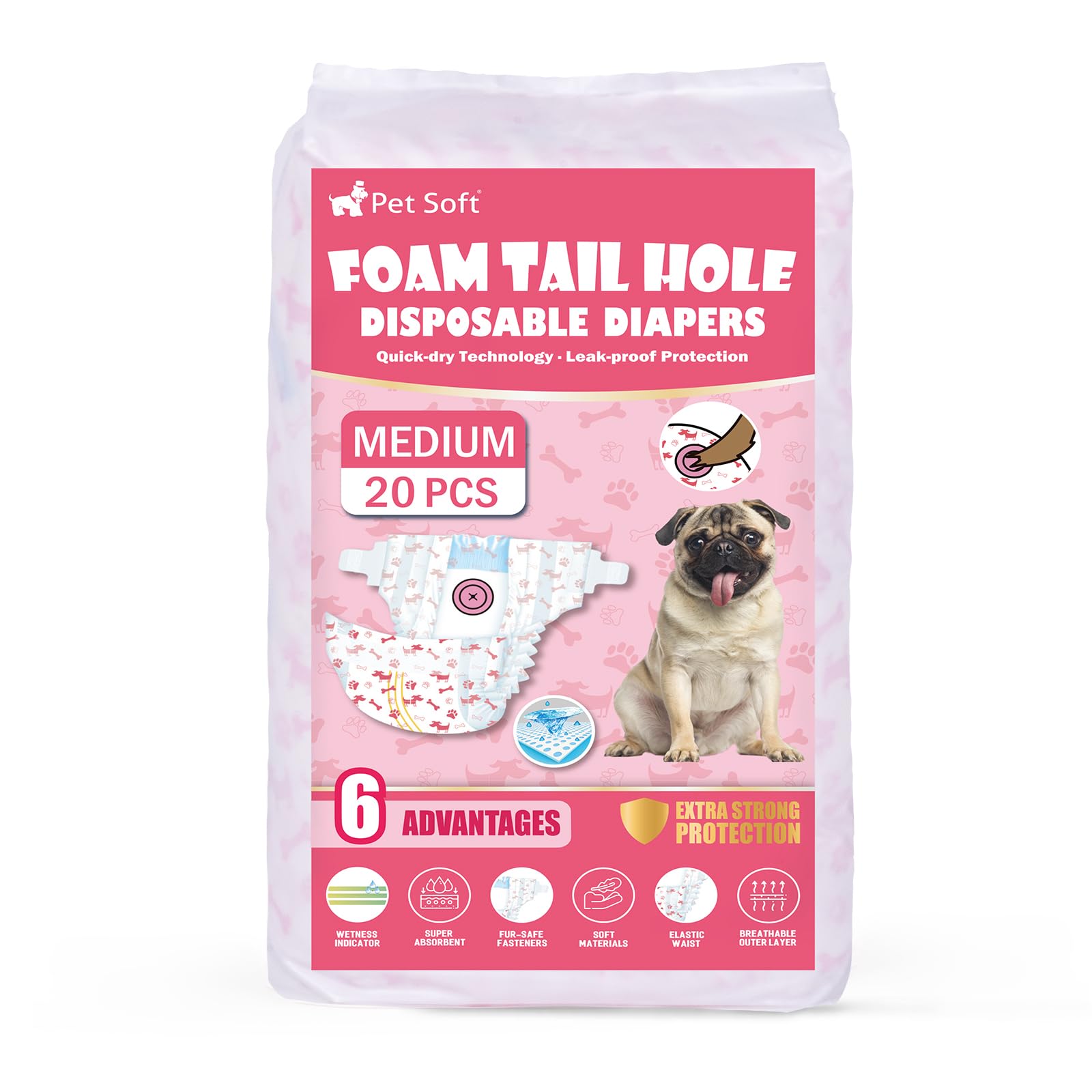 Pet Soft 20-count red-pack of female dog diapers ready for use.