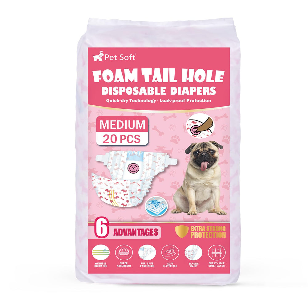 Pet Soft 20-count red-pack of female dog diapers ready for use.