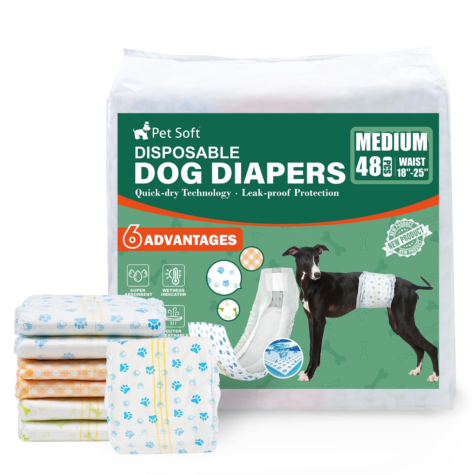 Pet Soft disposable dog diapers medium wrap-fastener for secure fit during walks