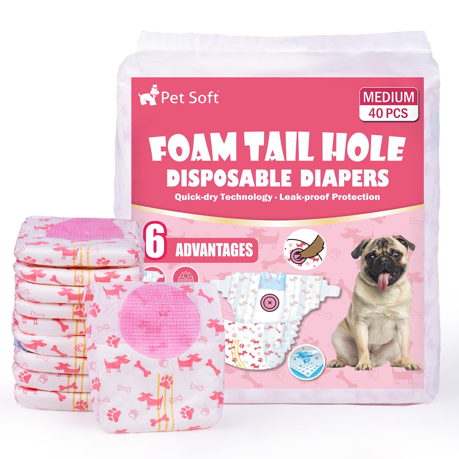 Pet Soft disposable dog diapers pack front demonstrates secure fit for medium dogs.