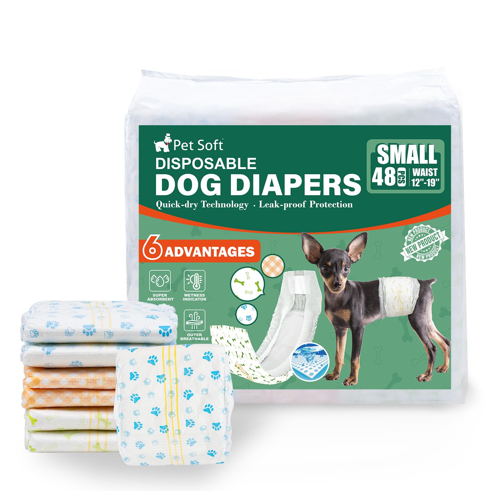 Pet Soft disposable dog diapers small waist 12-19 inches provide secure fit for tiny dogs.