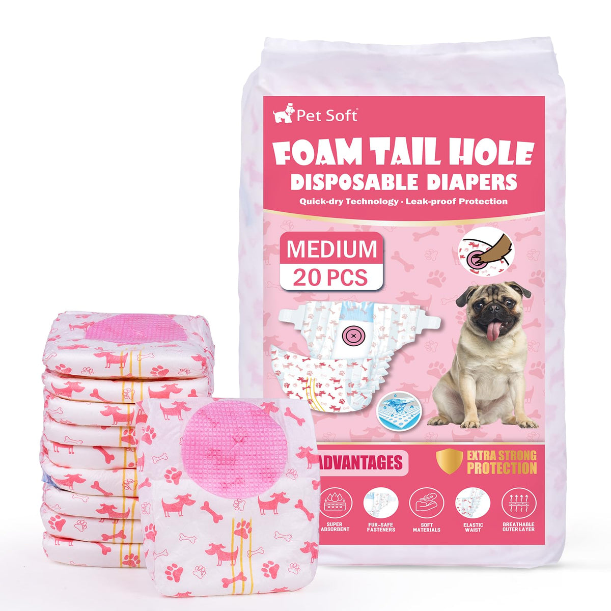 Pet Soft disposable dog diapers with adjustable tail-hole for a secure fit and leak protection.