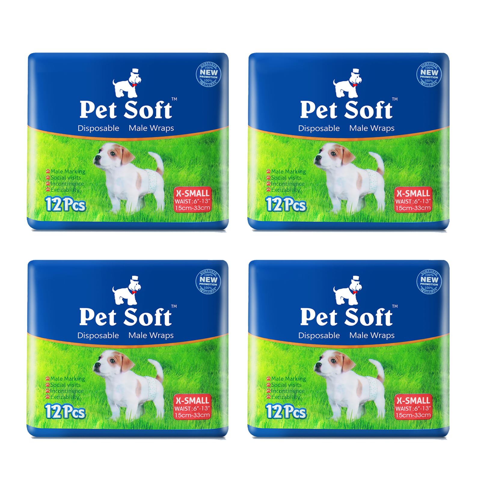 Pet Soft disposable male dog wraps packaging shows a 48-count box for easy daily replacement.