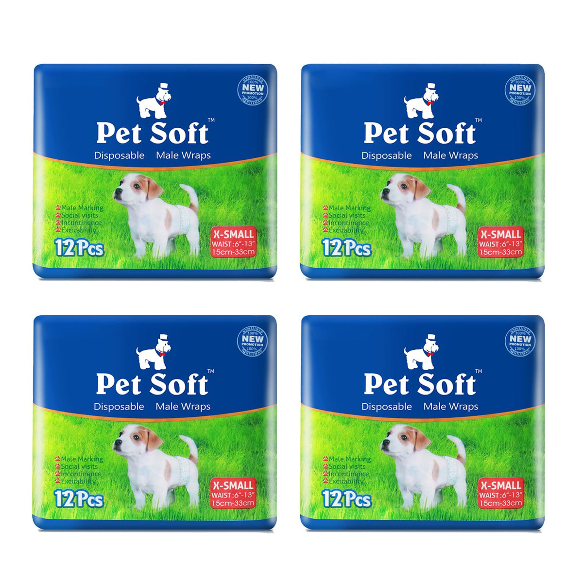 Pet Soft disposable male dog wraps packaging shows a 48-count box for easy daily replacement.