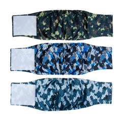Pet Soft dog belly band army pattern close-up, reusable leak-proof design for male dogs.