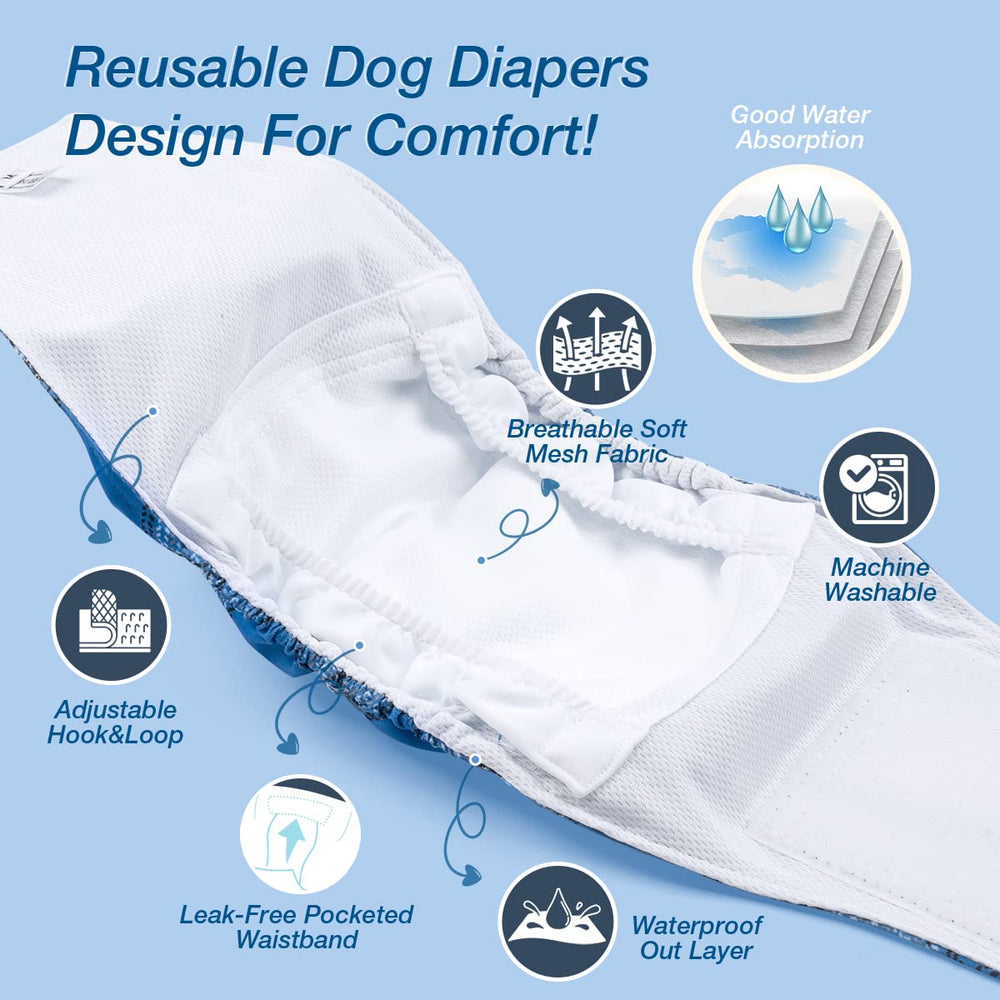 Pet Soft dog belly band in blue plaid securely worn for leak prevention and comfort.