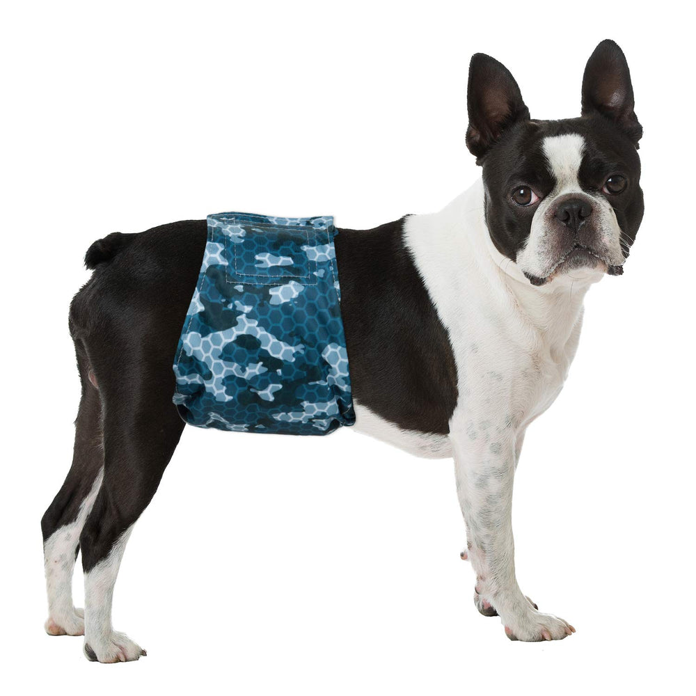 Pet Soft dog belly band in use, army pattern keeps homes tidy.