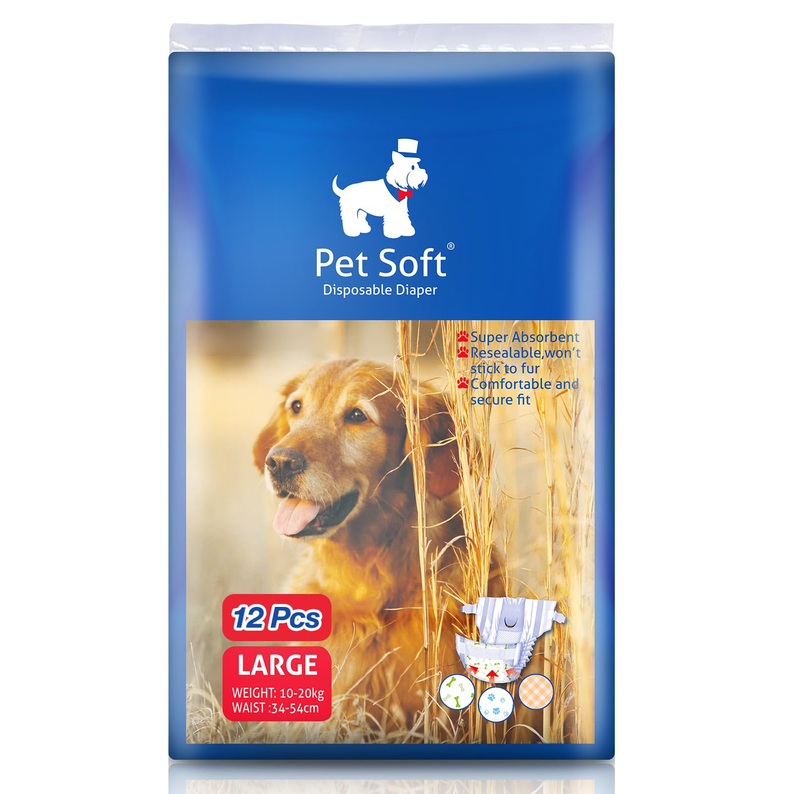 Pet Soft dog diapers pack-12pcs shows the product in a multi-pack for convenient mess management