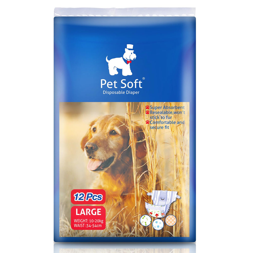 Pet Soft dog diapers pack-12pcs shows the product in a multi-pack for convenient mess management