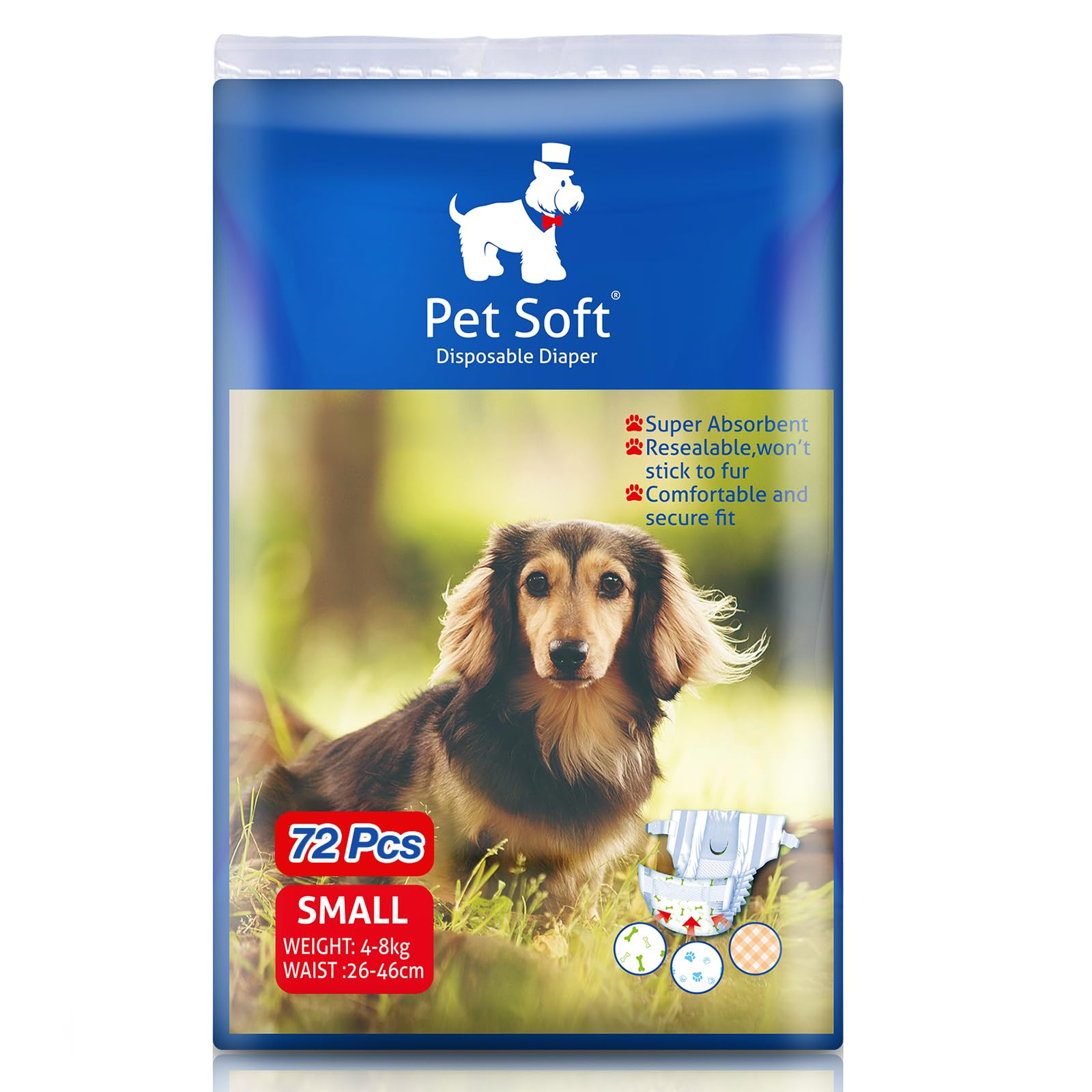 Pet Soft dog diapers female pack front view for small dogs with comfortable fit.