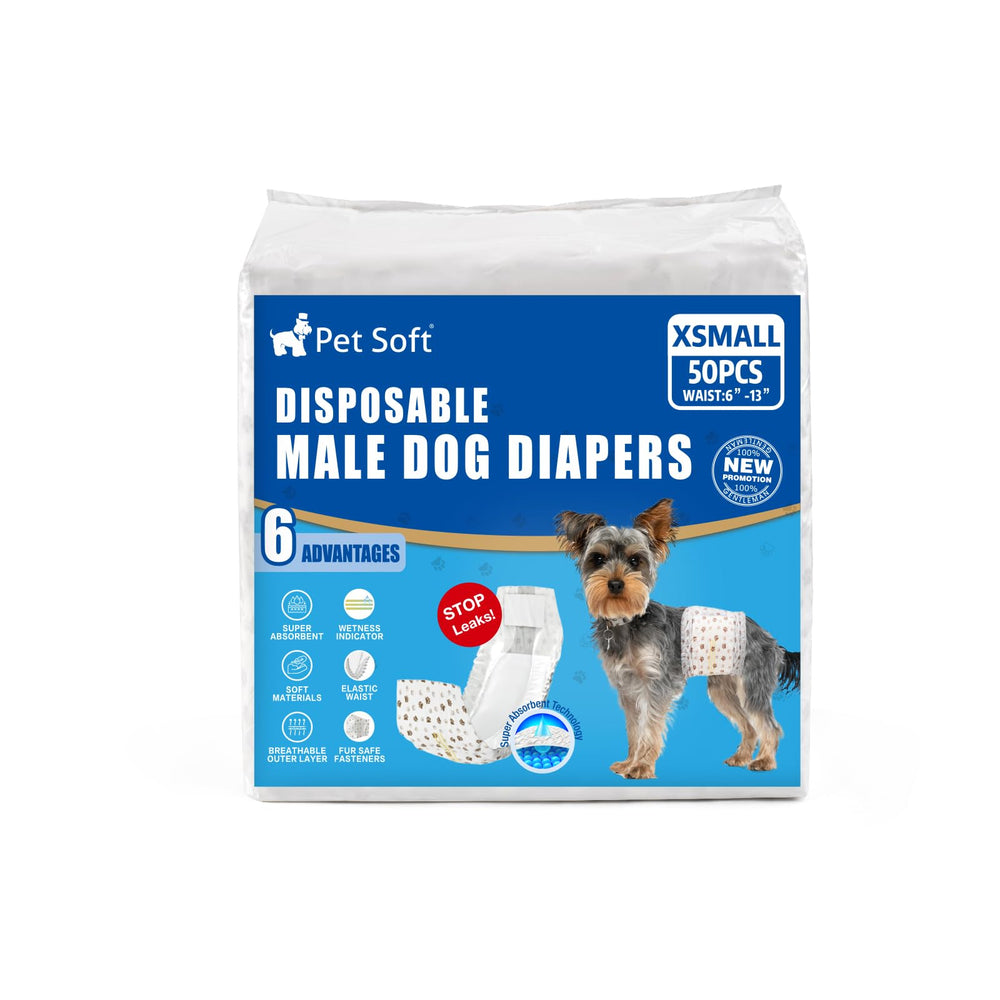 Pet Soft Dog Diapers Male on-dog image illustrating easy on/off for daily routines.