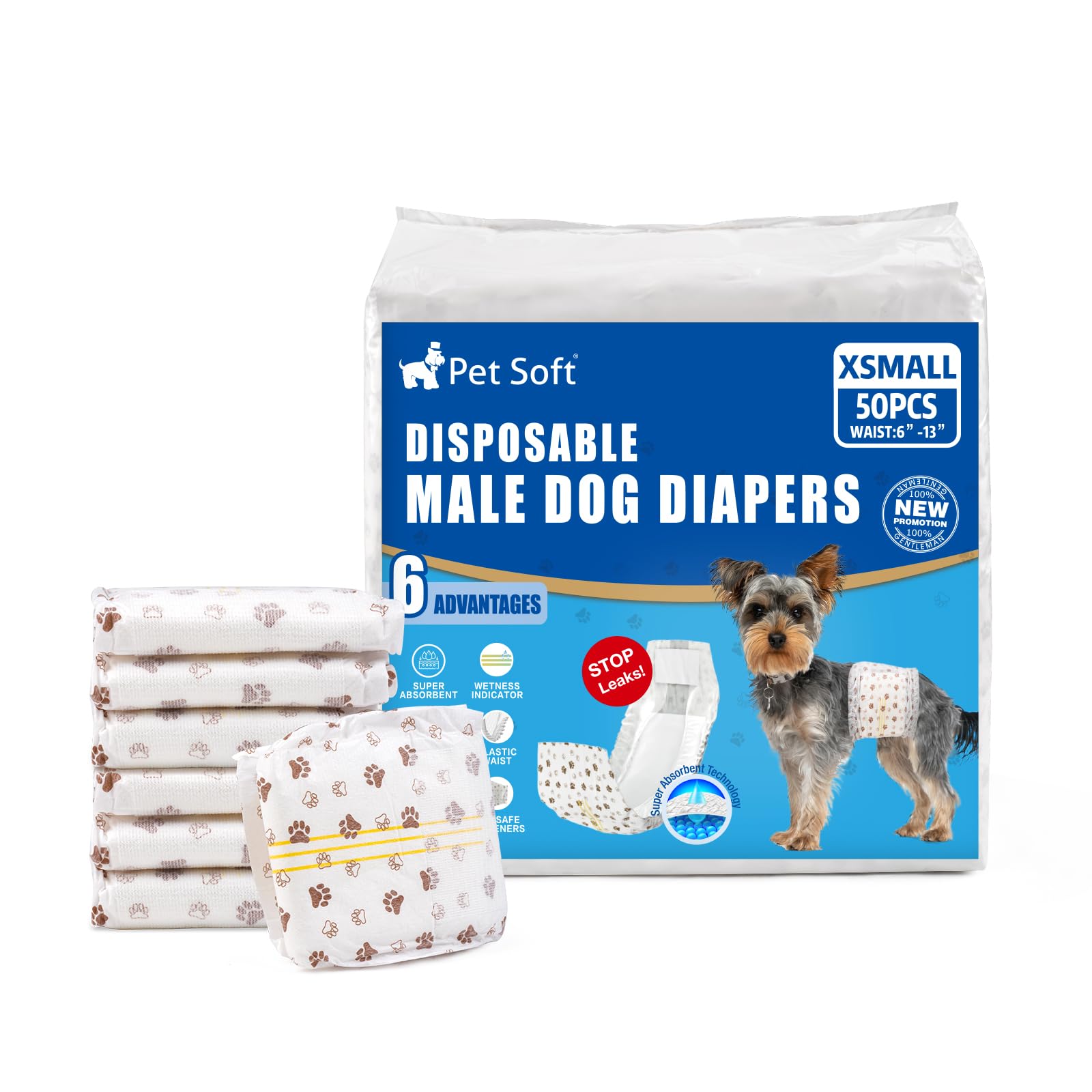 Pet Soft Dog Diapers Male XSmall pack front shows secure fit and leak protection.