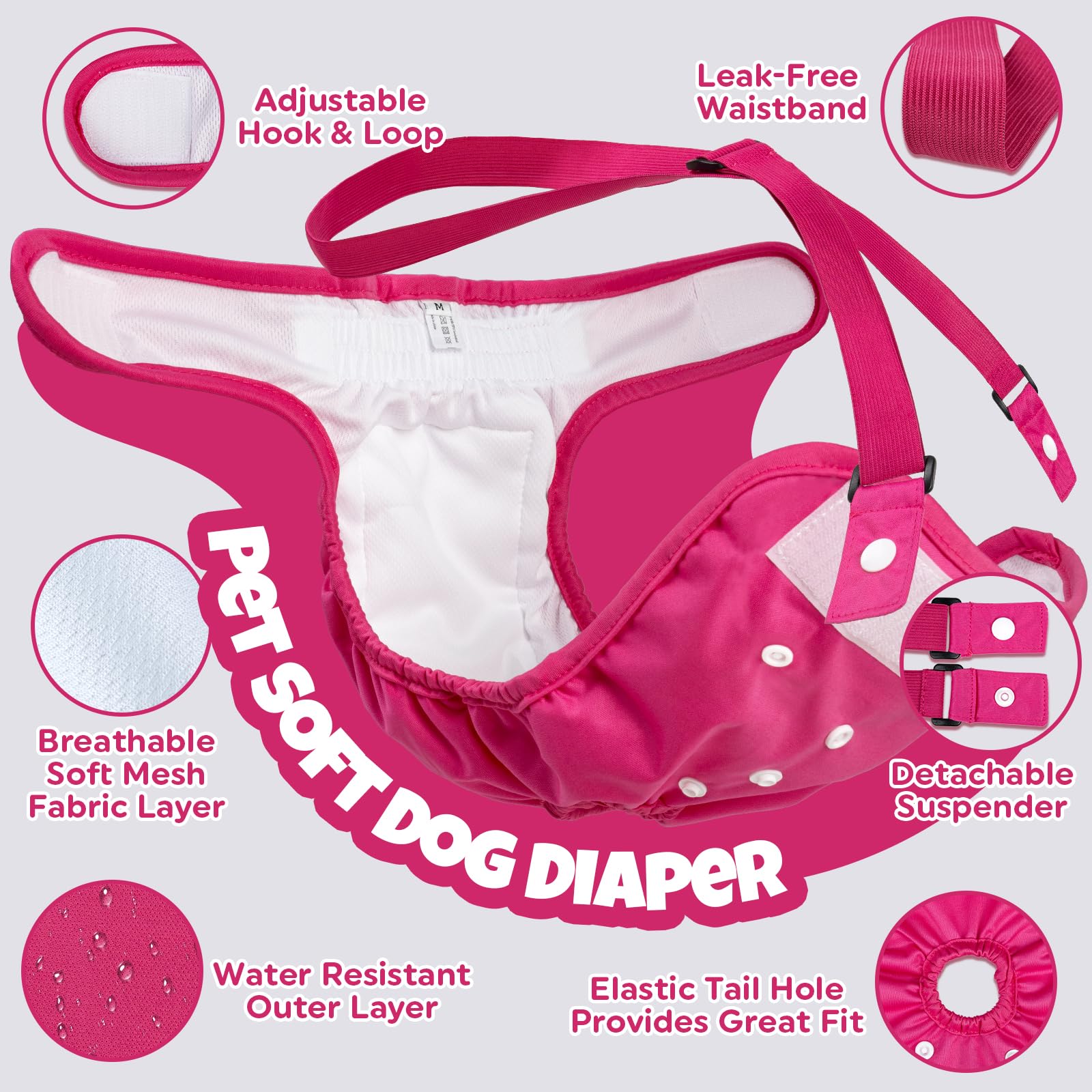 Pet Soft dog diapers with adjustable straps prevent slipping on active dogs.