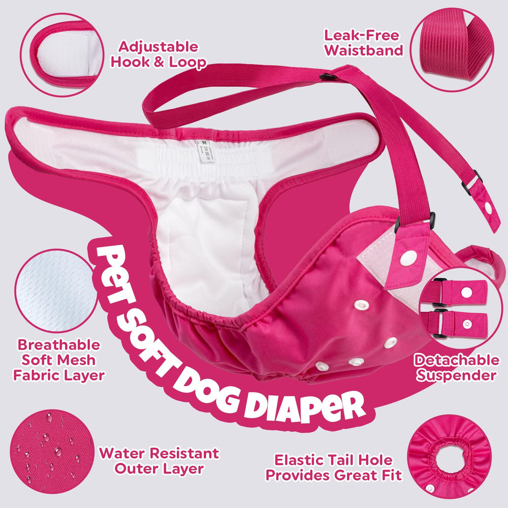 Pet Soft dog diapers with adjustable straps prevent slipping on active dogs.