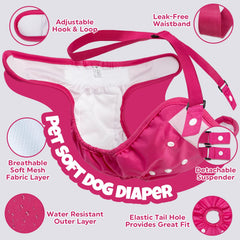Pet Soft dog diapers with adjustable straps prevent slipping on active dogs.